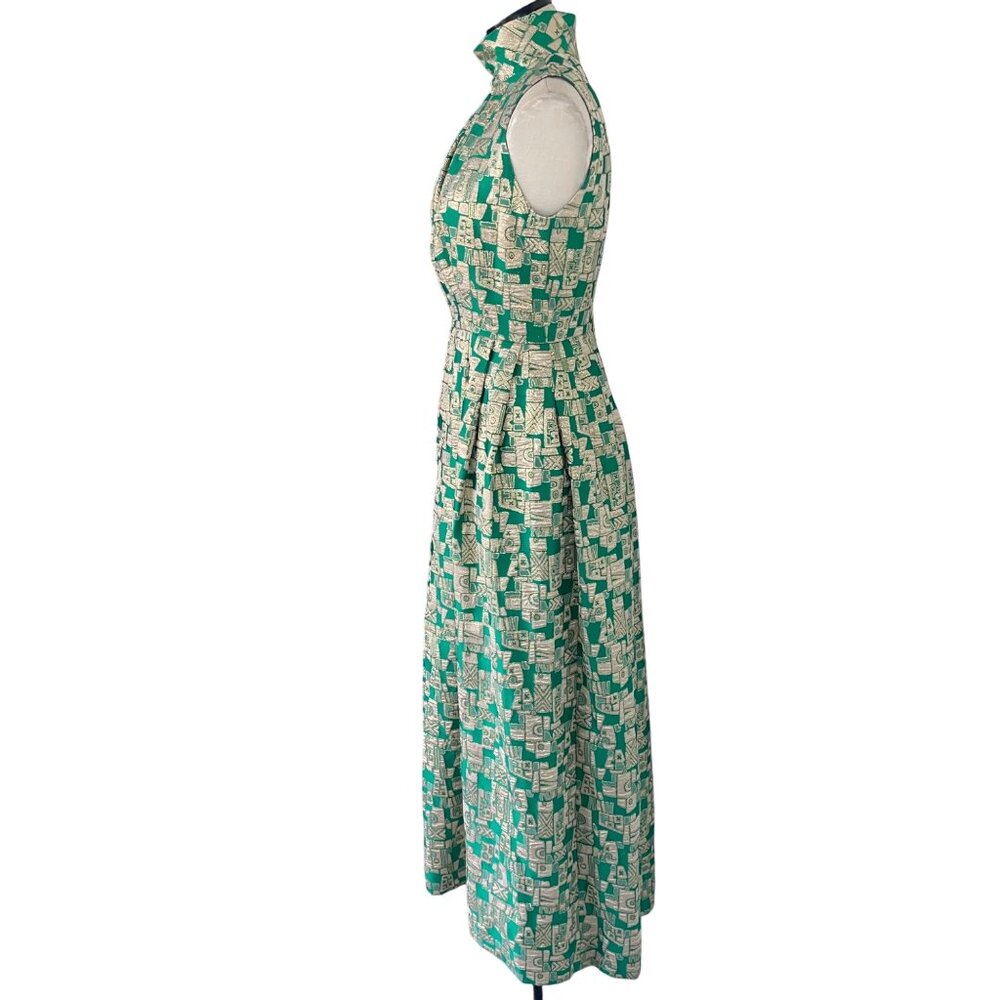 Vintage Womens Dress Size Small Green Geometric Print Maxi Casual Pleated - Picture 2 of 16
